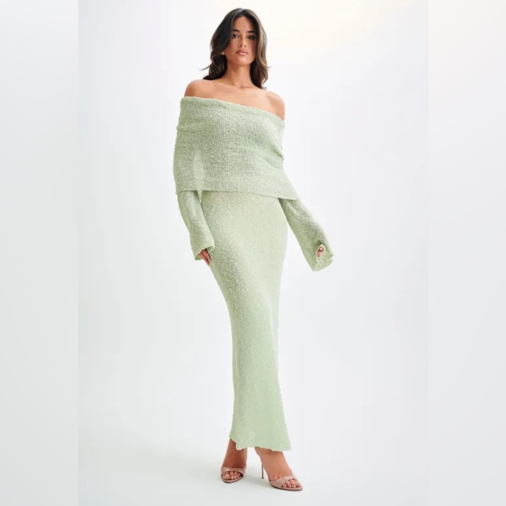Meshki Off-Shoulder Boucle Dress in Light Green
